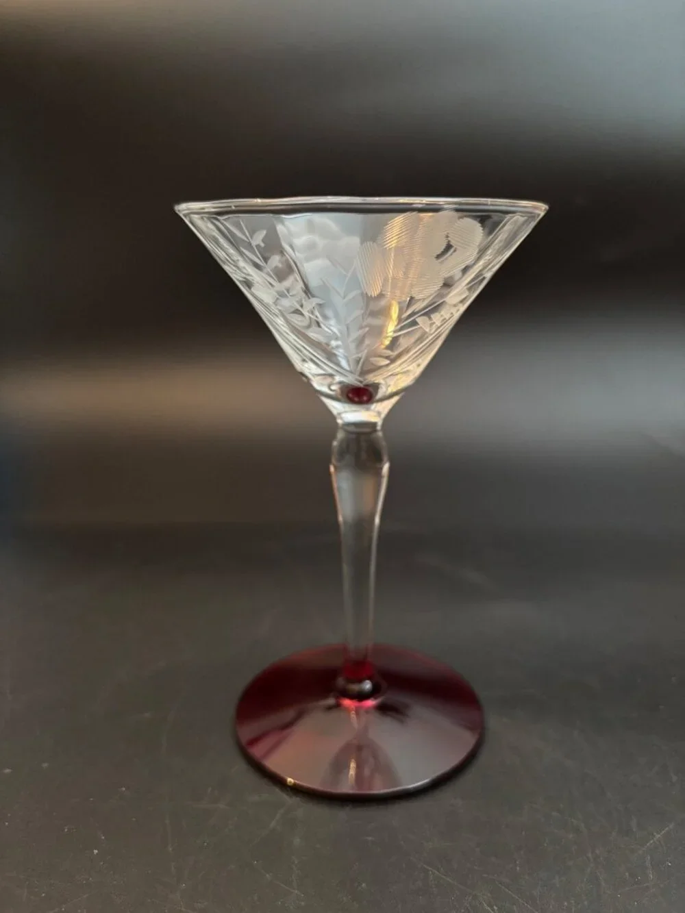 Vintage Etched Crystal Martini Glass With Ruby Red Base Floral Design Elegant Ba